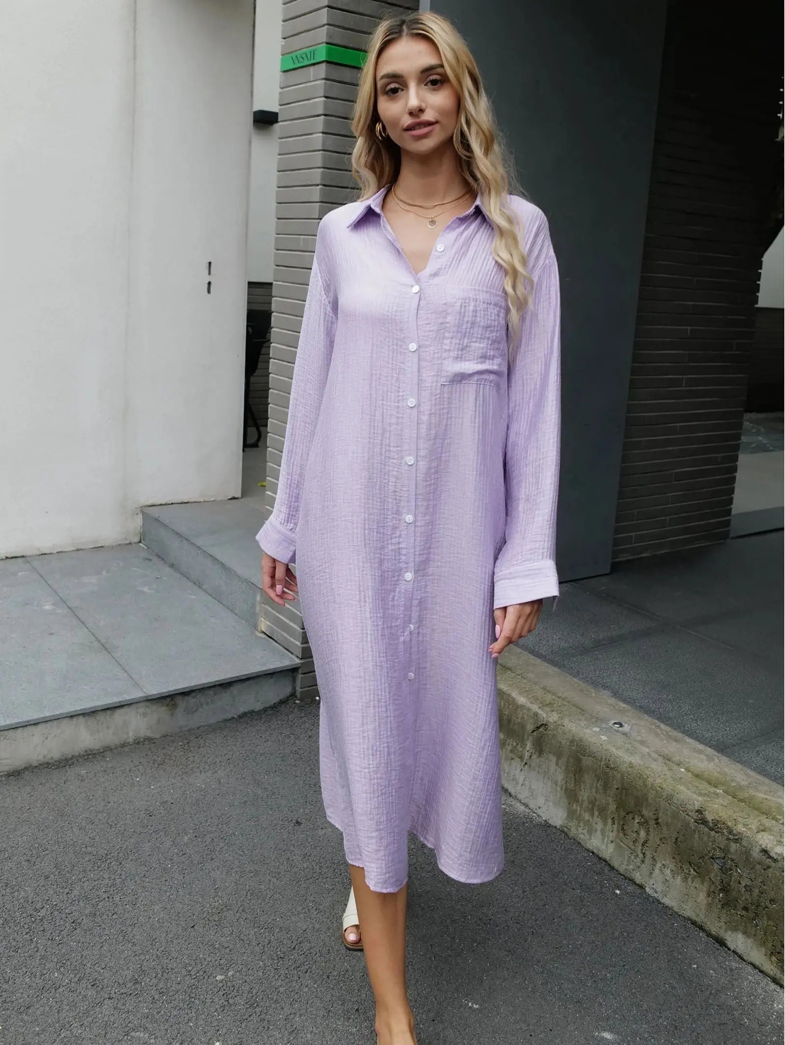 2024 Women Summer Long sleeve Basic Shirt Maxi Long dress - ARCHE