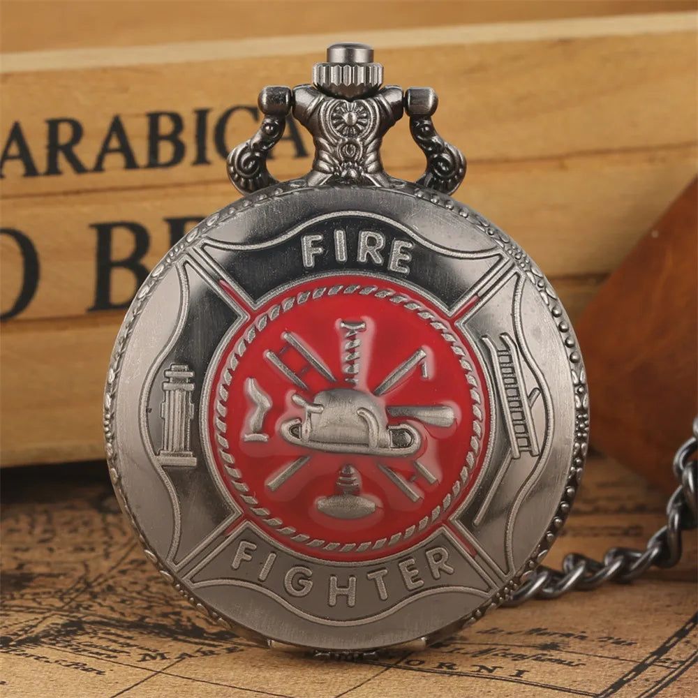 Bronze Fire Fighter Display Quartz Pocket Watch Fob Chain - ARCHE