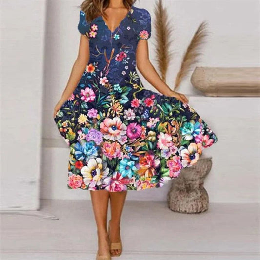 Fashion Flower Print V Neck Short Sleeve Dress - ARCHE