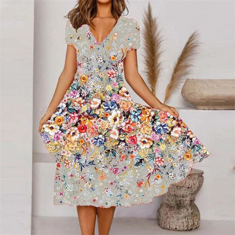 Fashion Flower Print V Neck Short Sleeve Dress - ARCHE