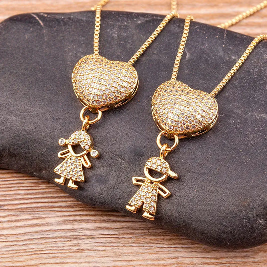 New Design Luxury Copper Zircon Boy Girl Heart Pendant Zircon Necklaces- ARCHE