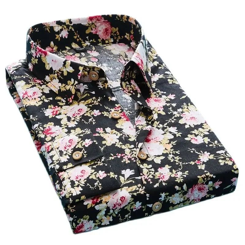 Plus Colors Personality Men Casual Slim Long-sleeve Shirt Flower Print - ARCHE