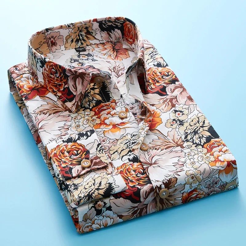 Plus Colors Personality Men Casual Slim Long-sleeve Shirt Flower Print - ARCHE