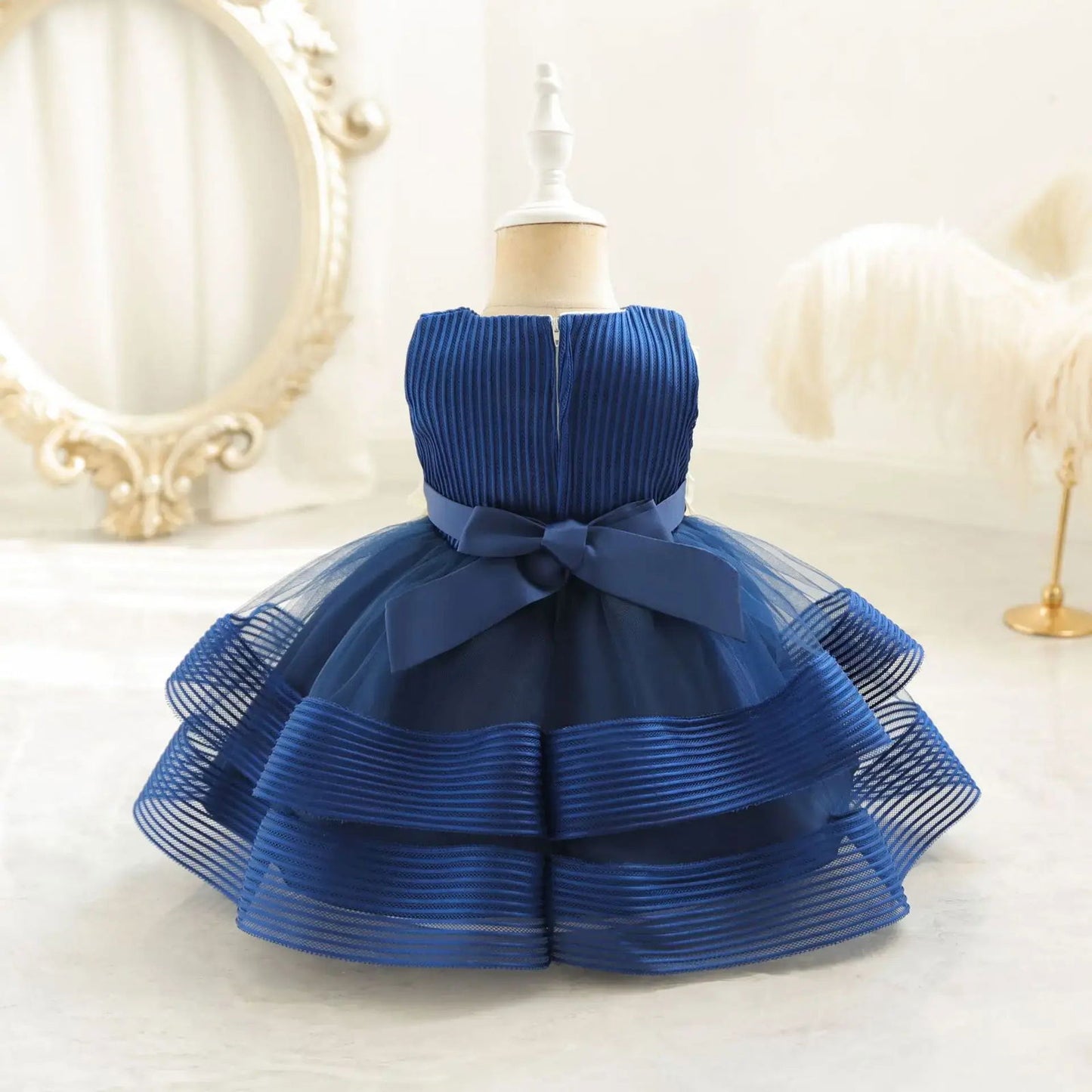 Princess Girl Kid's Dress Flower Bowknot Mesh Layered Baby Party Dresses Striped White Sleeveless Toddler Frocks 0 To 24 Months - ARCHE
