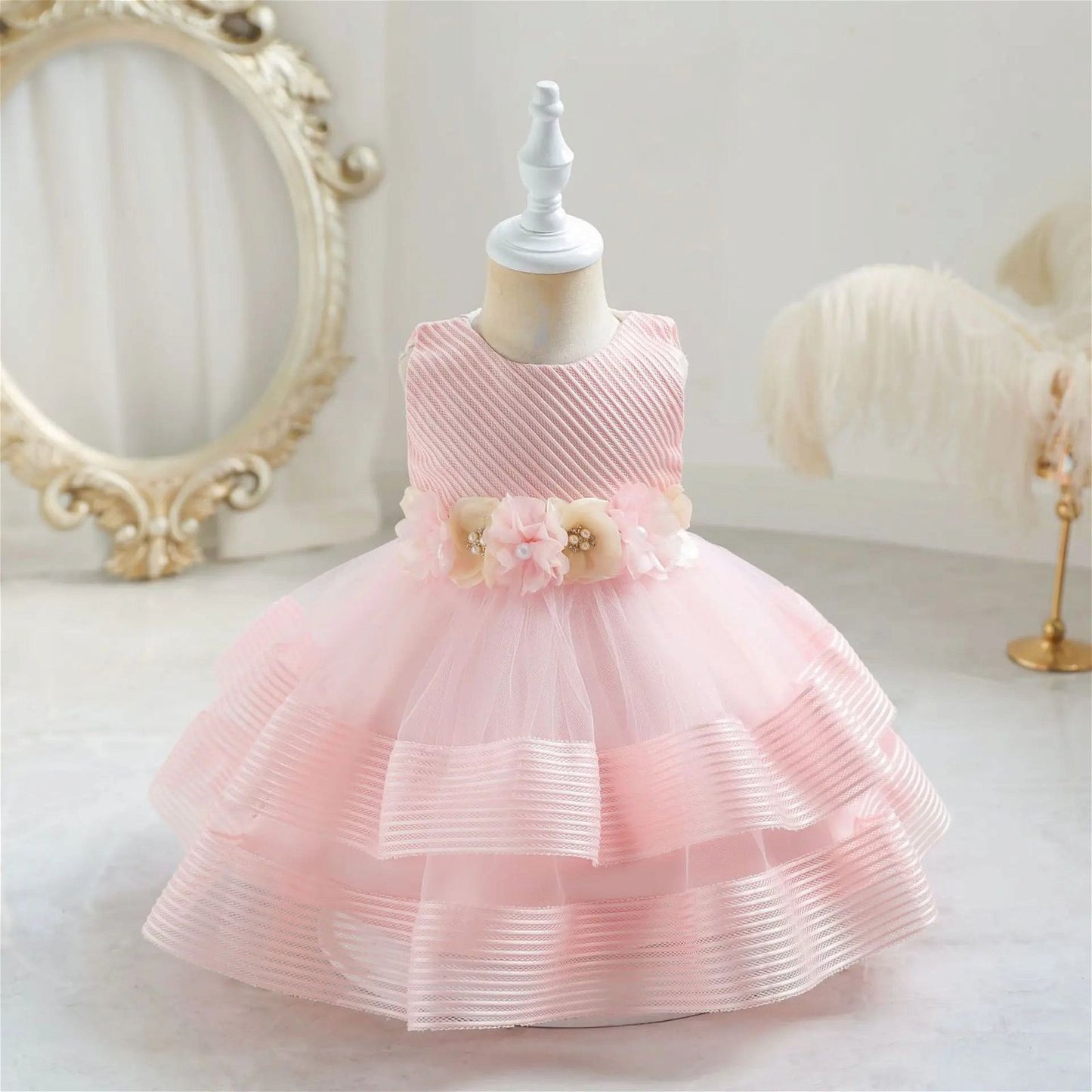 Princess Girl Kid's Dress Flower Bowknot Mesh Layered Baby Party Dresses Striped White Sleeveless Toddler Frocks 0 To 24 Months - ARCHE