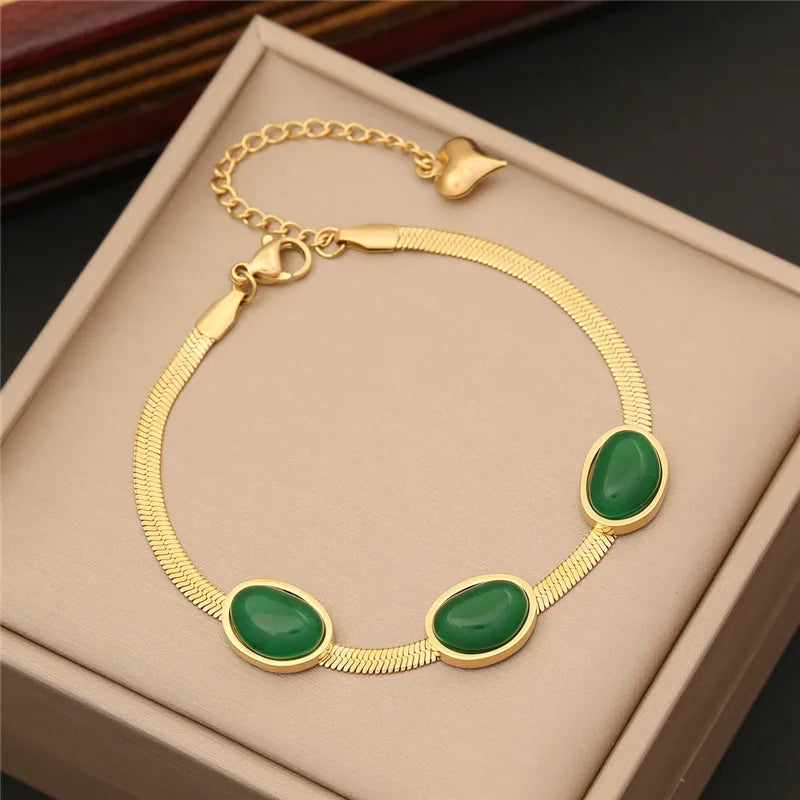  Emerald Stone Pendant Bracelet Necklace Earring Set Jewelry- ARCHE