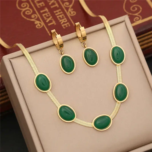Emerald Stone Pendant Bracelet Necklace Earring Set Jewelry- ARCHE