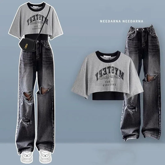 Spring/Summer Korean Fashion T-shirt+Personalized Ripped Jeans Two-piece Set - ARCHE