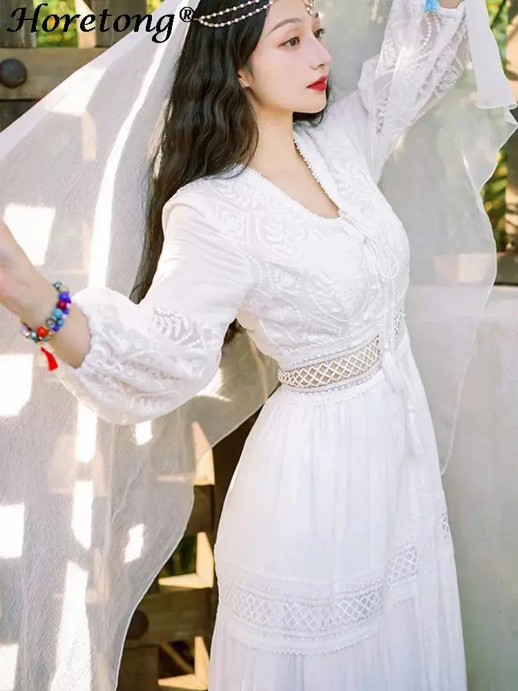 White Dress For Women V-neck Long Sleeve High Waist Party Gown Elegant Holiday Dress - ARCHE