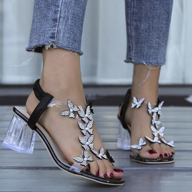Woman Elastic Rhinestones Sandals Fashion Comfortable Medium Block High Heels Party Shoe Summer - ARCHE